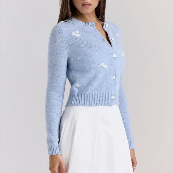 House of CB - ATHEIA Blue Lambswool Floral Embroidered Cardigan - Picture 2 of 10